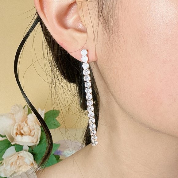 Gold Tone CZ Tennis Drop Earrings - Picture 9 of 9